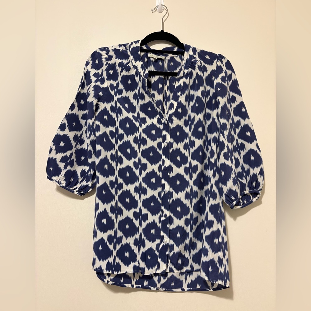 Annie Griffin Blouse Blue and Cream 100% Silk Size S